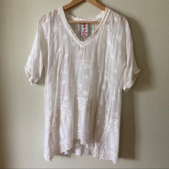Johnny Was Tops - Johnny Was White Silk Sheer Embroidered Blouse